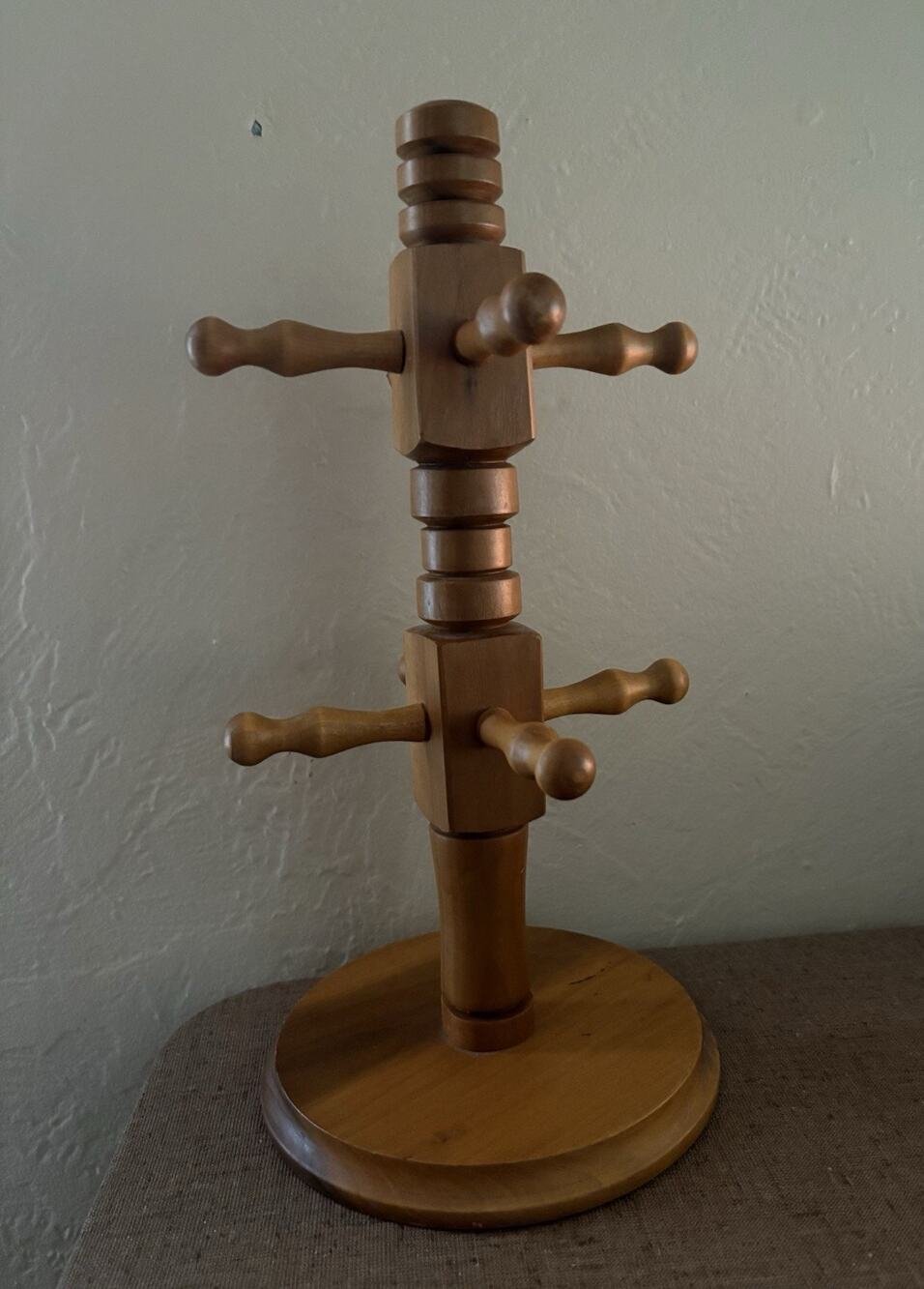 Vintage Wooden Mug Tree Stand Holder 8 Cups 14” Handmade Signed